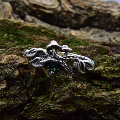 Unique Cottagecore Mushroom Engagement Ring for Women with Forest Design, Non Traditional Leafy Twig Wedding Witchy Ring in Silver
