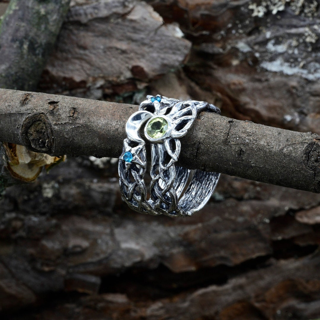 Nature Inspired Matching Couple Wedding Rings Set With Sun and Moon in ...