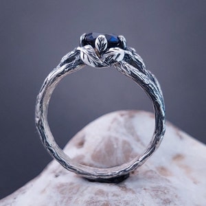 Braided branch silver ring with sapphire, Leaves on the twig ring, Unique silver ring with sapphire, Women's ring