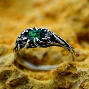 Celtic Tree of Life Wedding Band with Emerald Baguette in Silver, Textured Norse Masculine Woodsy Engagement Ring in Fantasy Style