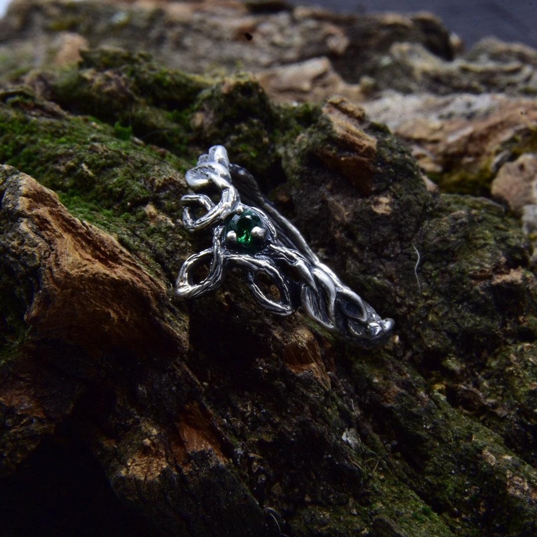 Enchant Silver Fairy Engagement Ring, Womens Emerald Nature Wedding