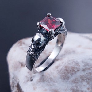 Gothic Skull Ring with Garnet Stone, Unique Gothic Style Engagement Ring, Silver Garnet Ring, Perfect Gift for Her