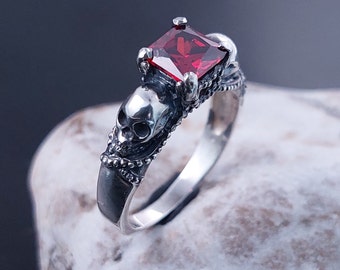 Gothic Skull Ring with Garnet Stone, Unique Gothic Style Engagement Ring, Silver Garnet Ring, Perfect Gift for Her