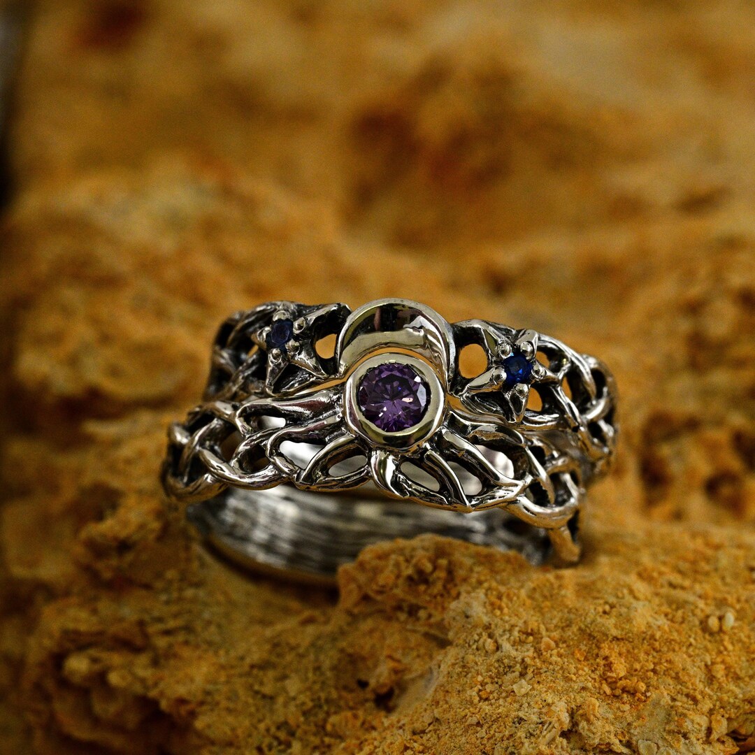 Nature Inspired Matching Couple Wedding Rings Set With Sun and Moon in ...