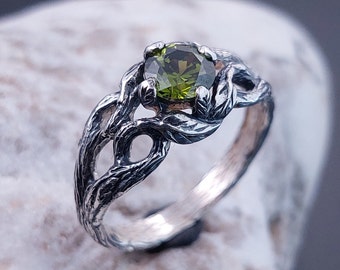 Author's Ring With Leaves Flying Stone Olive On The Branches, Unique Natural Engagement Ring, Gift For Her