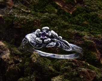 Woodland Lavender Amethyst Wildflower Ring with Moth, Dainty Cottagecore Engagement Ring with Natural Motif, Textured Twig & Leaf in Silver