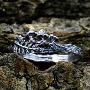 Unique Silver Mushroom Ring, Branch and Fern Engagement Ring, Gift for Her, Forest Wedding Band, Nature Inspired Woodland Ring image 3