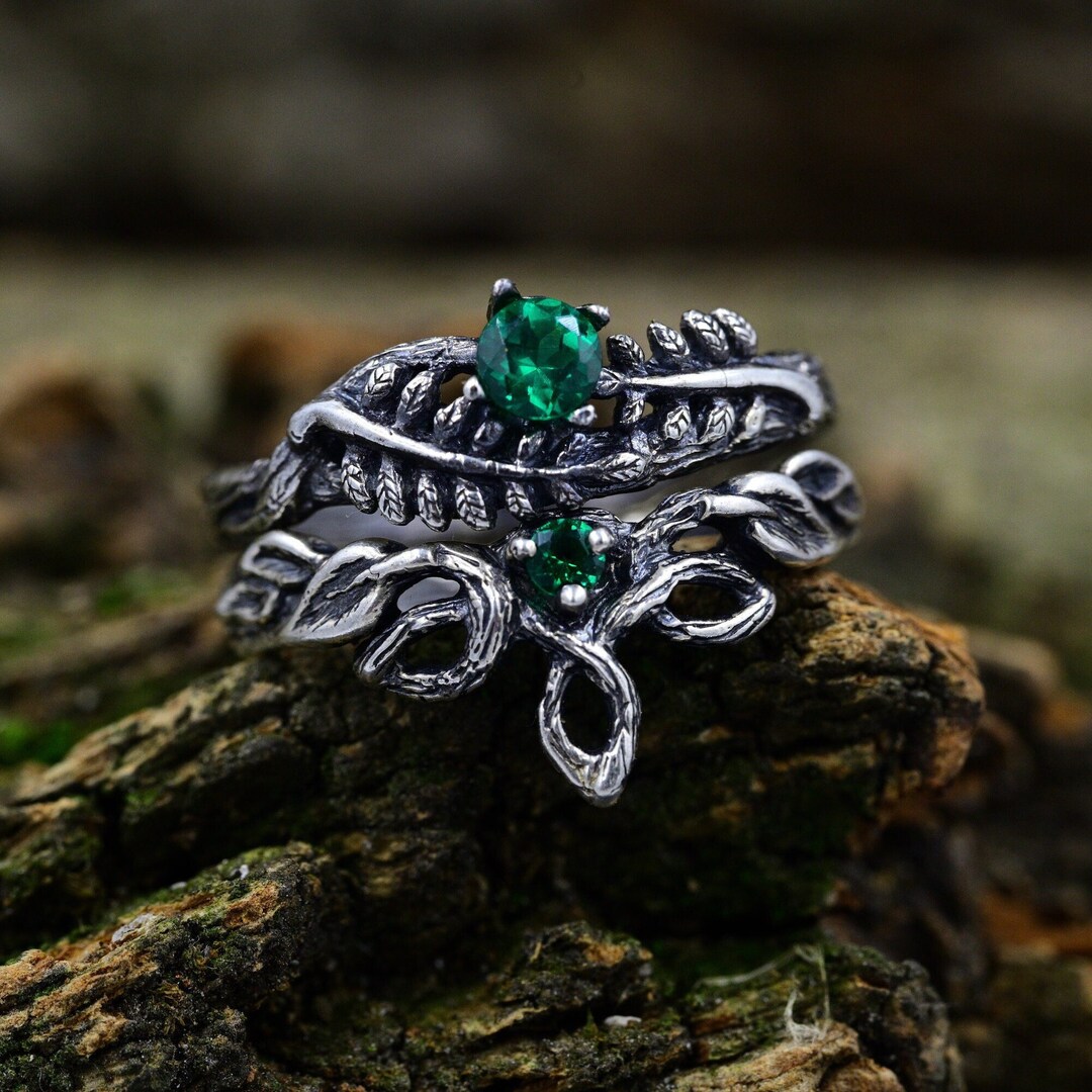 Ethereal Fantasy Wedding Rings Set for Women, Elven Bridal Set ...