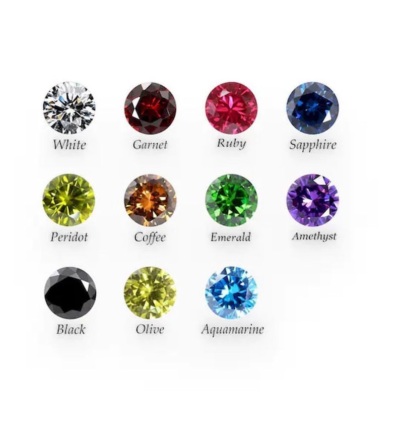 Puede incluir: Una colecci&oacute;n de doce gemas redondas en varios colores, incluyendo blanco, rojo, azul, verde, morado, amarillo, marr&oacute;n, negro y oliva. Cada gema est&aacute; etiquetada con su nombre correspondiente, como Granate, Rub&iacute;, Zafiro, Peridoto, Esmeralda, Amatista y Aguamarina.