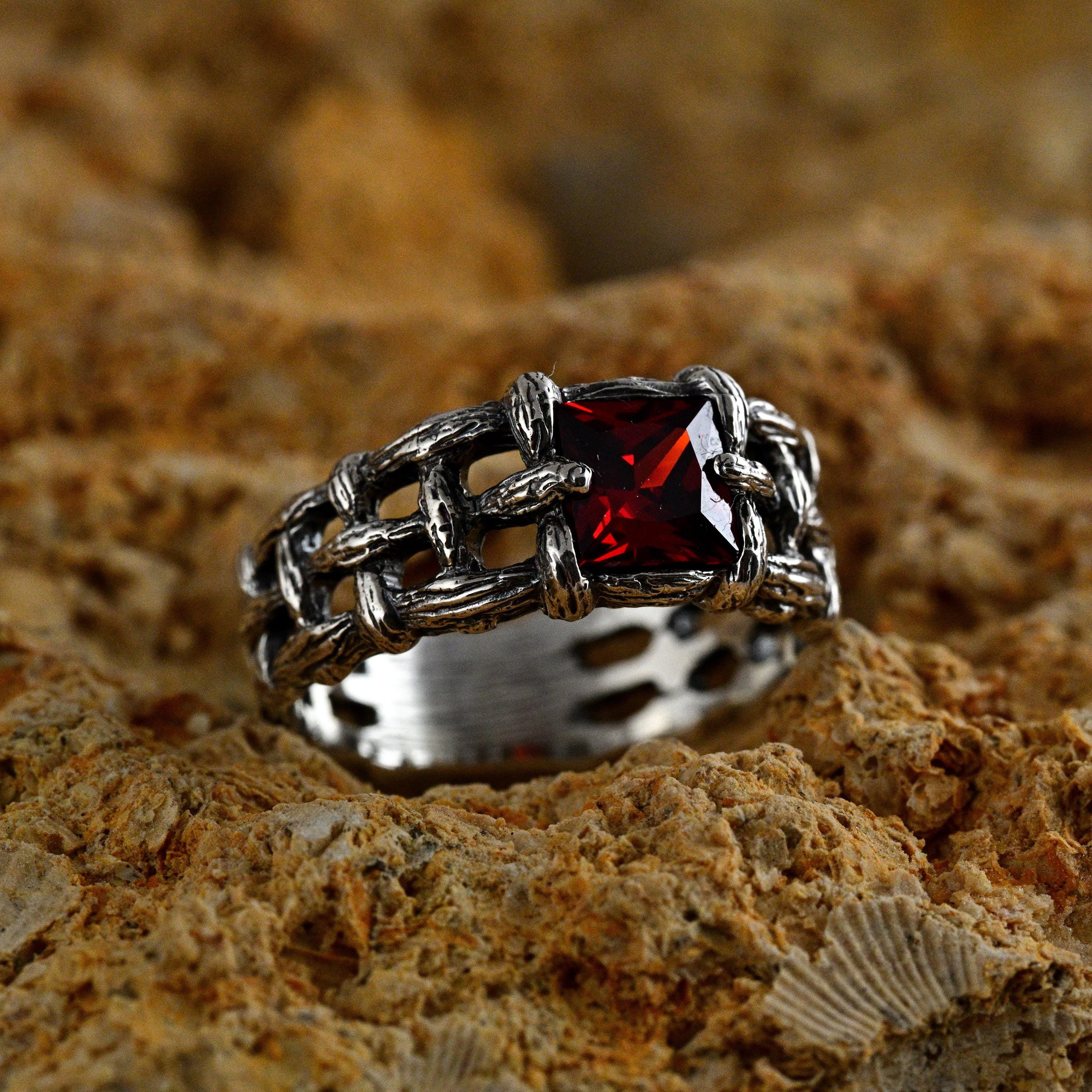 Mens Viking Wicker Wedding Ring with Square Garnet and Leafy Braided Tree Branch in Silver, Nature Inspired Norse Weave Wide Band