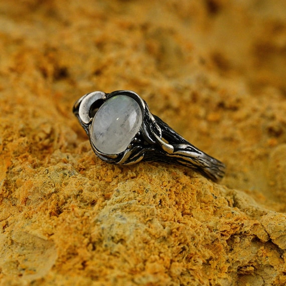 Fantasy Moonstone Nature Ring with Tree of Life Design, Whimsical Wedding Ring for Woman with Floral Branch Band