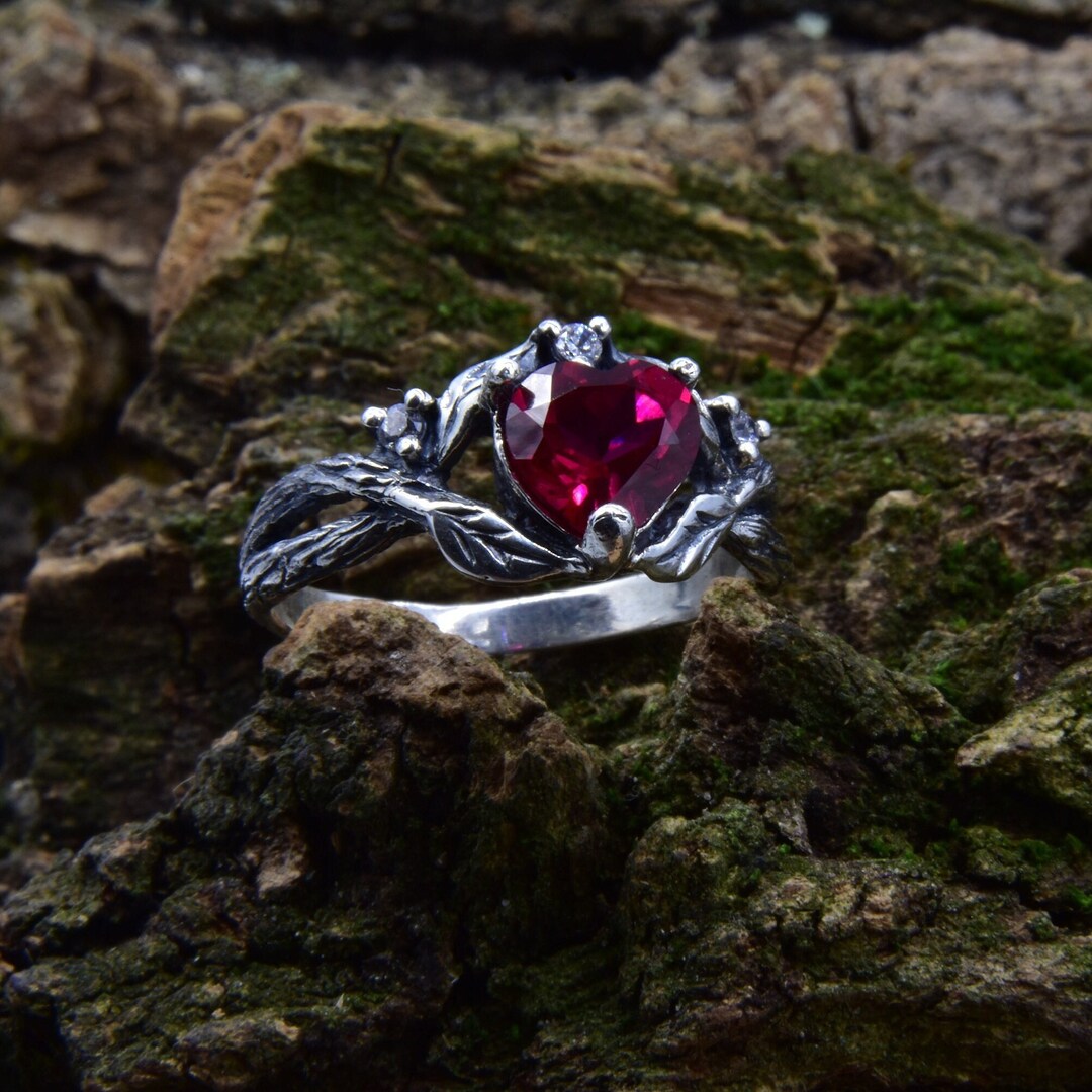 Double Twig and Leaves Fairy Engagement Ring With Ruby Heart Etsy