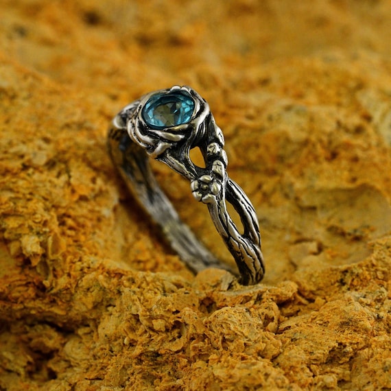 Wild Nature Inspired Sterling Silver Forest Ring with Aquamarine, Twig Engagement Ring with Flower, Floral Wedding Ring