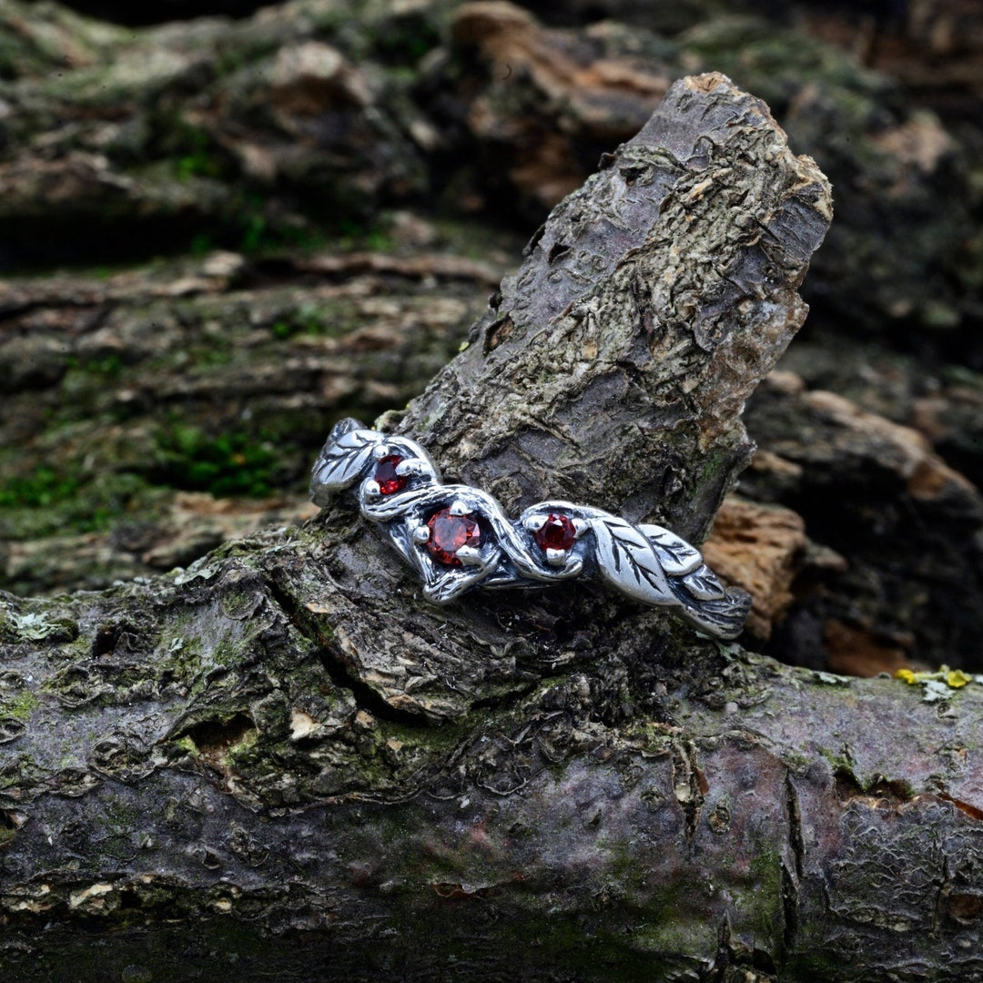 Tiny Branch Engagement Ring With Garnet Leaves in Silver, Woman Natural ...