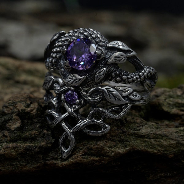 Ethereal Fairy Witchy Dragon Wedding Ring Set, Celtic Fantasy Branch and Leaves Ring, Purple Ring Set Womens, Silver Witches Knot Jewelry