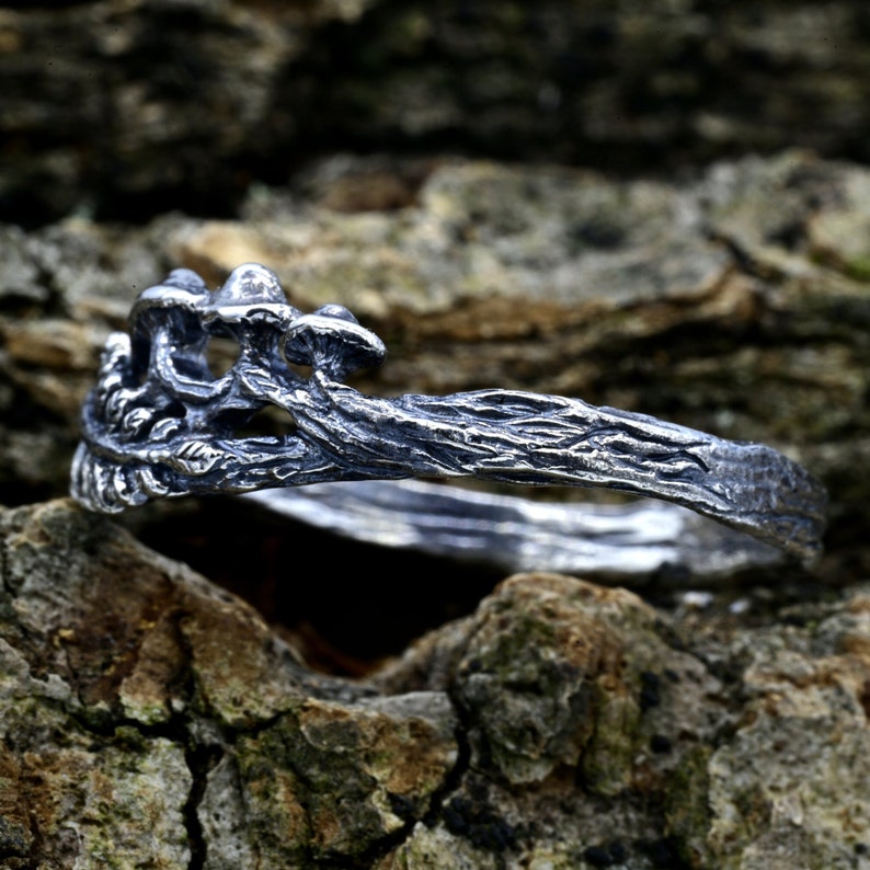 Unique Silver Mushroom Ring, Branch and Fern Engagement Ring, Gift for Her, Forest Wedding Band, Nature Inspired Woodland Ring image 6