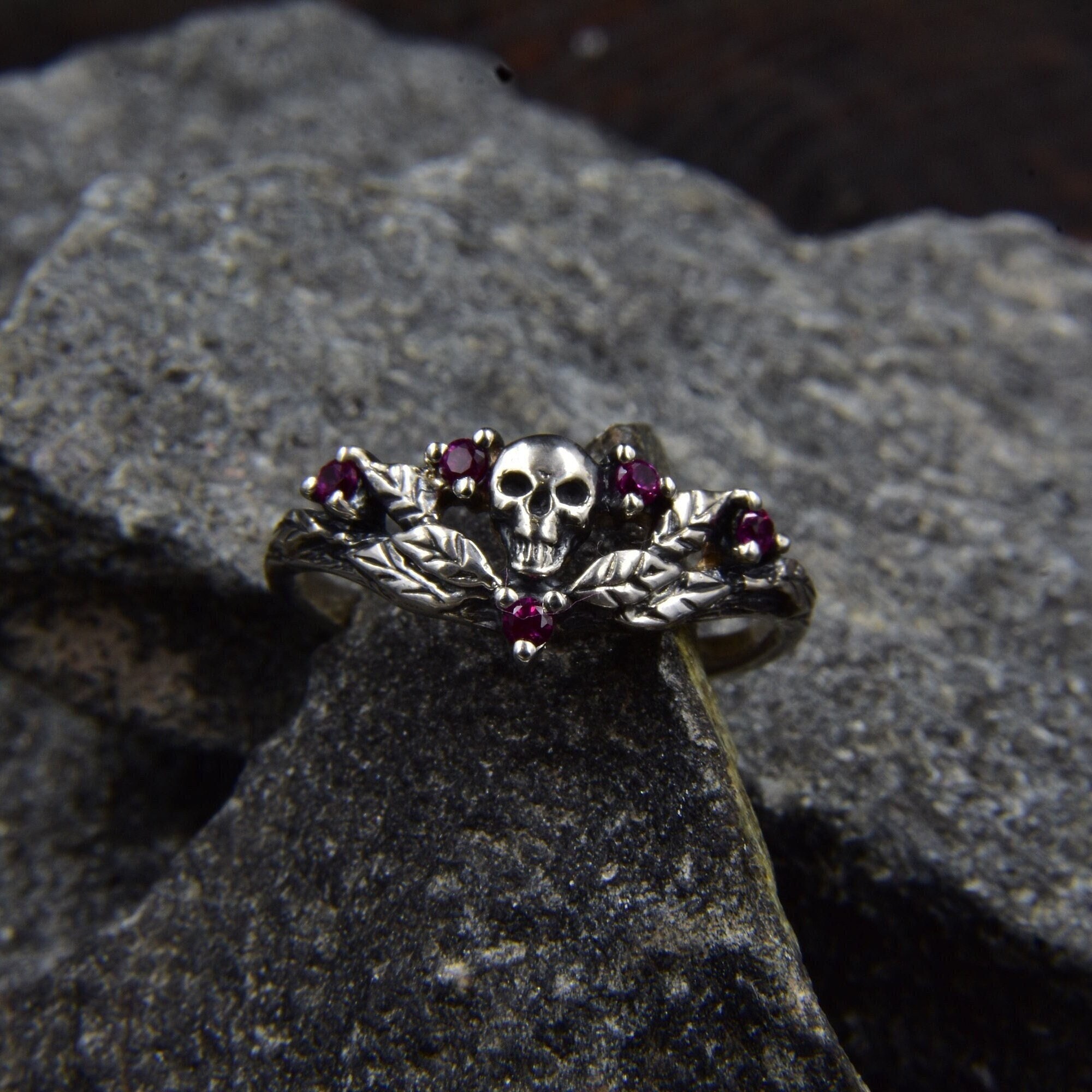 Unique Silver Engagement Ring with Skull, Leaves and Rubies on Wood Texture, Ring Sign of Immortality, Memento Mori Ring