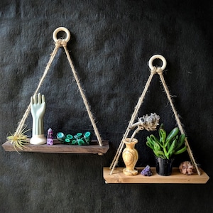 Hanging Shelf · hanging shelf · geometric wood art · crystal display shelf · plank shelving · wood wall art · small boho shelving