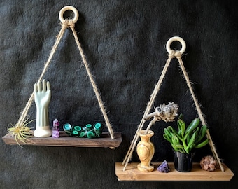 Hanging Shelf · hanging shelf · geometric wood art · crystal display shelf · plank shelving · wood wall art · small boho shelving