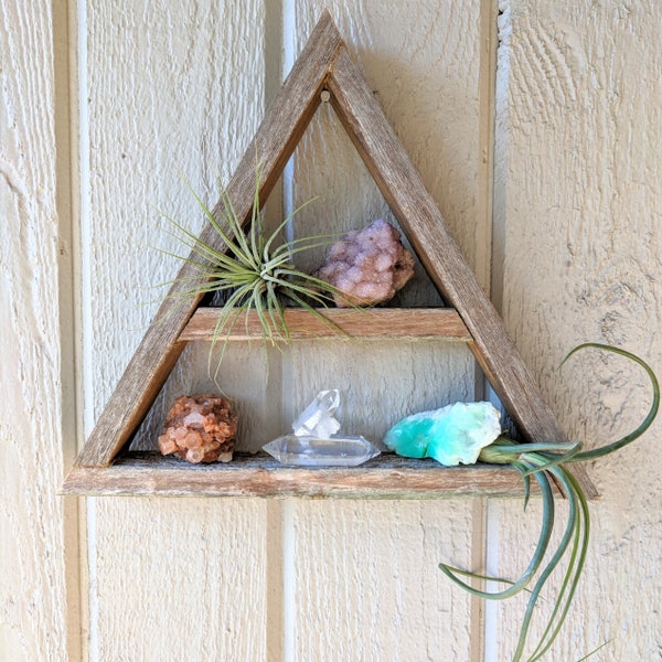 One Triangle Shelf · geometric wood art · wooden crystal display shelf · reclaimed wood wall art · small boho shelving · essential oil shelf