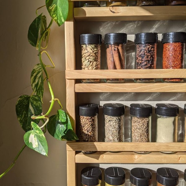 Wall Spice Rack · wooden shelf · kitchen organization idea · essential oil rack · kitchen shelves · spices · pantry organization · jar shelf