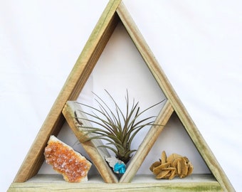 Diamond Triangle Shelf · geometric wood art · crystal display shelf · reclaimed wooden shelves · geometric wood wall art · boho hanging