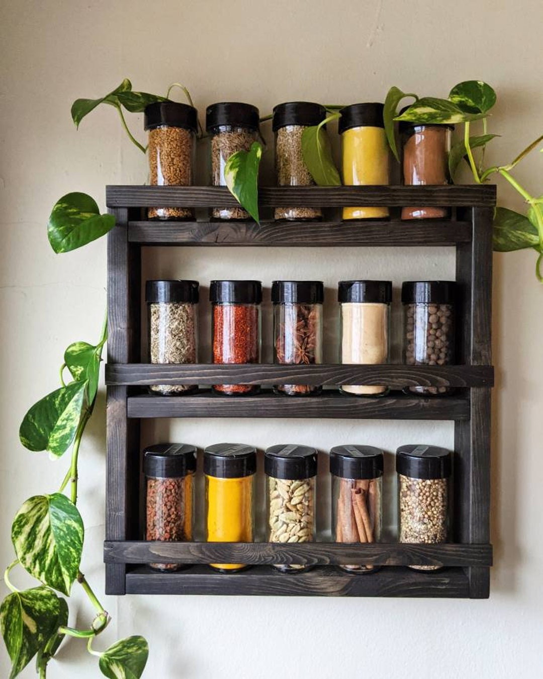 Wooden Spice Shelf herbs & Spices With 8 Wineglass Holder / Wall Mount  Kitchen Rack / Shelf for Jars / Kitchen Organizer / Spice Rack 