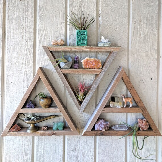 Three Triangle Shelves Geometric Wood Art Crystal Display Image 0