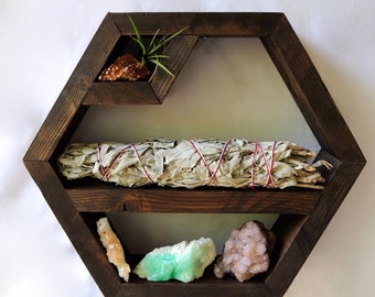 One of a Kind Hexagon Shelf · choose your finish · geometric wood art · crystal display shelf · wood wall art · small cubby shelf