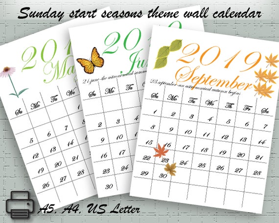 2019 Printable Calendar Season Theme 12 Months Color