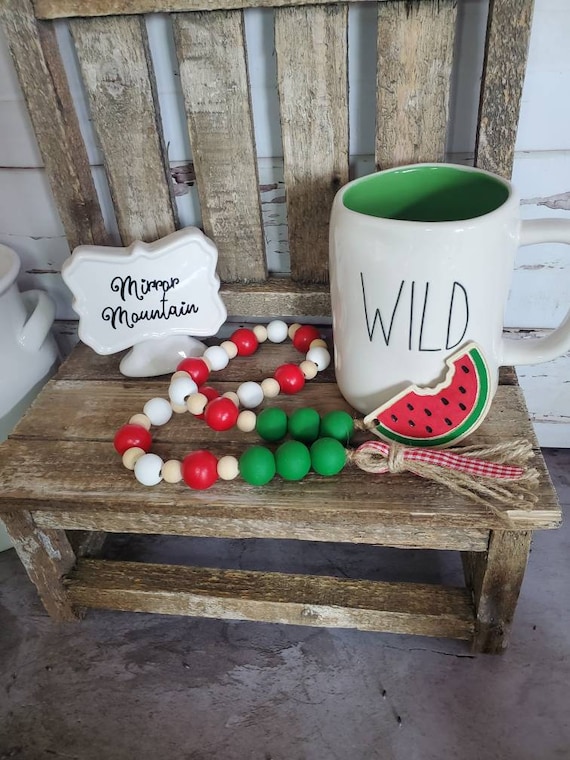 Watermelon Bead Garland For Summer Rae Dunn Tiered Trays and Farmhouse Kitchen Decor