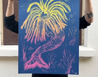 Sirène colorée imprimée en sérigraphie, fonds marins fluorescents, algues, aquatique, magie aux teintes bleu jaunes et rose