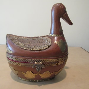Hand Carved Wooden Duck, Brass Decor Jewelry Box