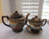 Vintage Japanese Satsuma Teapot and Sugar Bowl Tea Set and Saucer