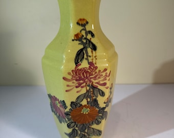Octagon Shape Vintage Floral Yellow Vase
