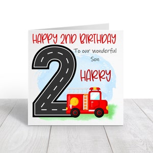 Personalised Son 2nd Birthday Card, Grandson, Brother, Nephew, Friend, 1st, 3rd, 4th, 5th, Fire Truck, Fire Engine, Card for a Boy