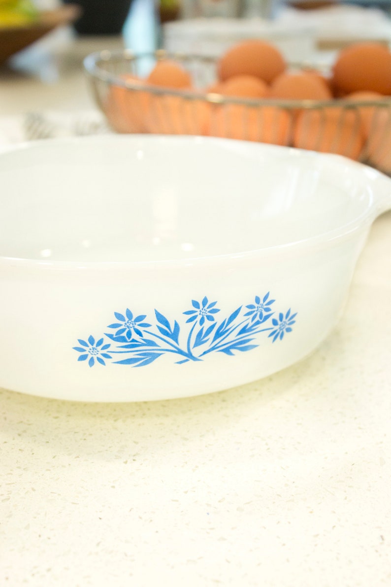 Anchor Hocking Fire King Milk Glass Bowl With Blue Flowers Etsy