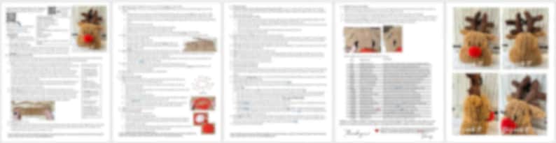 May include: A collection of images showcasing a crochet pattern for a reindeer. The reindeer is brown with dark brown antlers and a red nose. The images include close-ups and different angles of the finished product, along with pattern instructions.