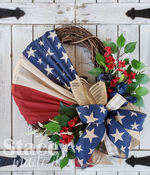 American Flag Wreath Floral Patriotic Independence Day Wall Front Door Decor 