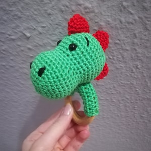 Crochet pattern dino rattle, crochet baby rattle dino, gift for baby, crochet grasping ring, crochet baby rattle, crochet dinosaur rattle