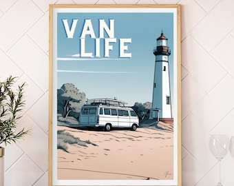 Van Life Campervan VW l Lighthouse Beach Gift Wall Art Digital Download Prints Posters |  Camper VanLife Home Decor