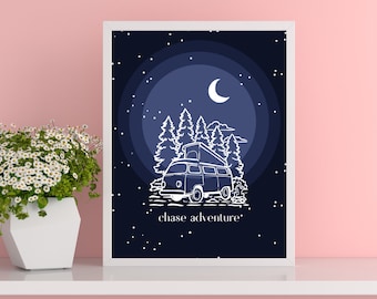 Chase Adventure Blue Starry Night Campervan VW Wall Art Digital Download Prints Posters |  Camper VanLife