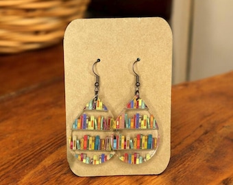 Book Library Earrings: Teardrop Acrylic Dangles, Teacher Librarian Gift
