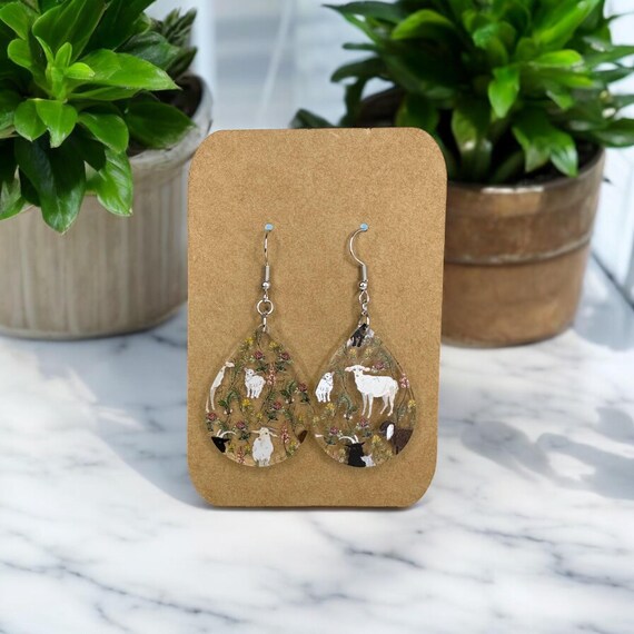 Floral Goat Acrylic Earrings, Hypoallergenic Hardware