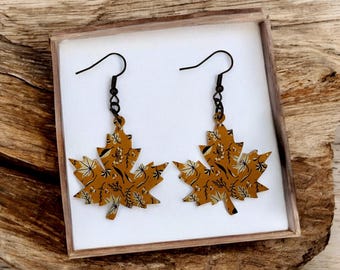 Maple Leaf Dangle Earrings, Fall Pattern, Handmade Acrylic