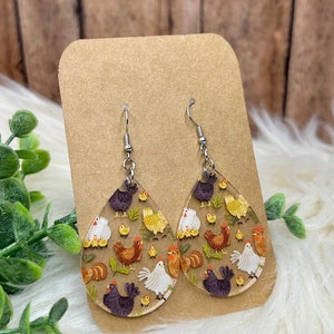 Chicken Earrings, Fun Chicken Earrings, Earrings for Women, Unique Gift for Her, Fun Gift, Acrylic Earrings, Tear Drop Earrings