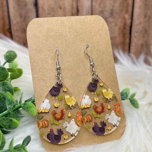 Chicken Earrings, Fun Chicken Earrings, Earrings for Women, Unique Gift for Her, Fun Gift, Acrylic Earrings, Tear Drop Earrings