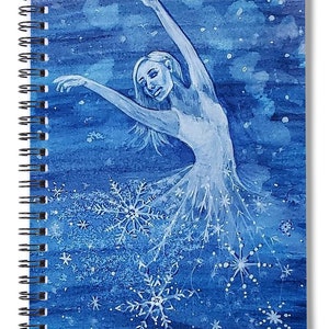 May include: A watercolor painting of a woman dancing in a blue and white snowflake dress. The woman is in mid-air, with her arms outstretched and her hair flowing behind her. The background is a blue sky with white snowflakes.
