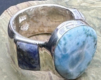 Larimar and Sodalite Men's Silver Ring / Sterling Silver Heavy Men's Ring with Stones / Sturdy Ring Size 11