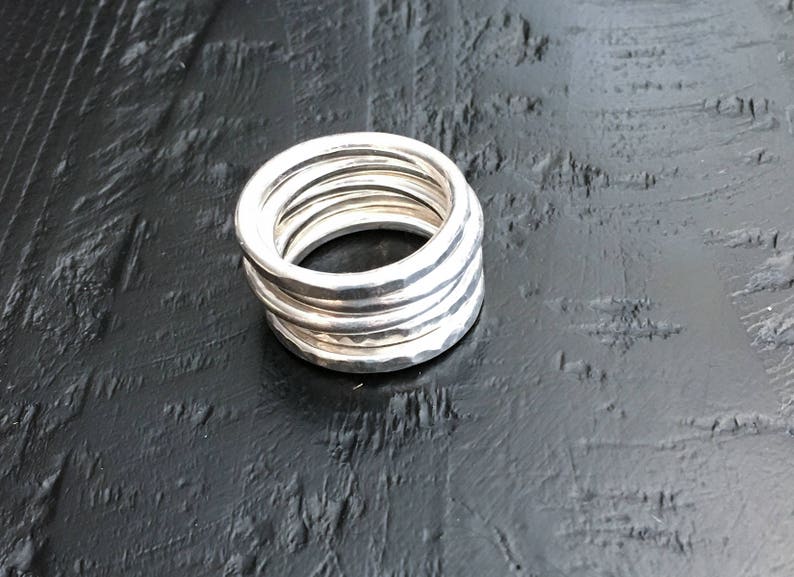 Sterling Silver Stackable Rings 5 / Fun Stack of Silver Rings Each Unique / Combination of Smooth and Hammered image 1